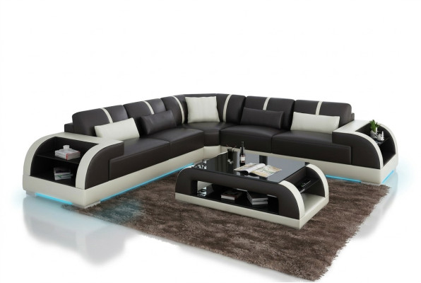 Canapé en cuir Canapé Paysage vivant Canapé d'angle Suite d'angle Design Moderne LED USB Sofa