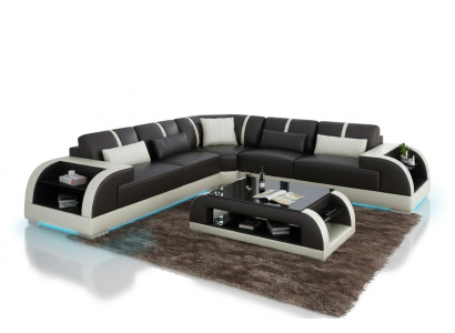 Canapé en cuir Canapé Paysage vivant Canapé d'angle Suite d'angle Design Moderne LED USB Sofa