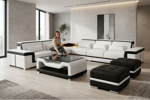 Canapé en cuir avec rembourrage USB Canapé d'angle Suite de canapés Paysage de vie Table Tabouret