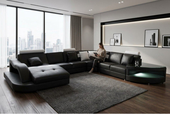 Canapé en cuir Salon paysage Suite d'angle Design Moderne Canapé avec table USB L6015