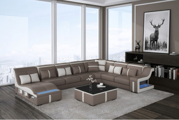 Canapé en cuir Salon paysage Canapé d'angle Ensemble Design Canapé moderne en U avec USB nouveau
