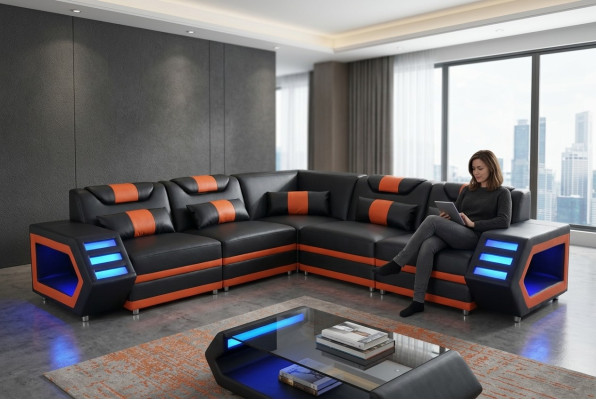 Tapisserie d'angle en cuir design Siège canapé d'angle Paysage Coin Canapé vivant USB LED