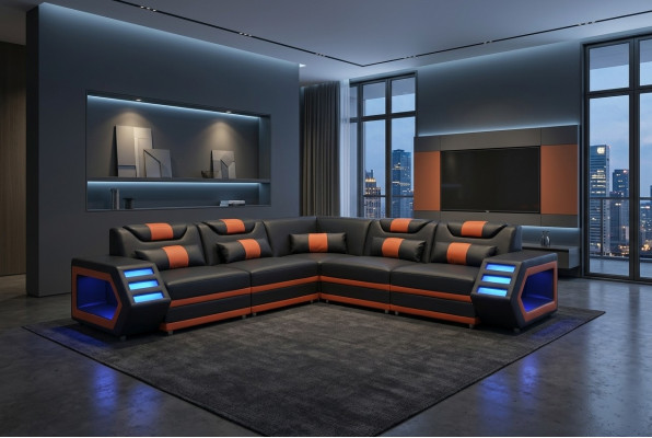Tapisserie d'angle en cuir design Siège canapé d'angle Paysage Coin Canapé vivant USB LED
