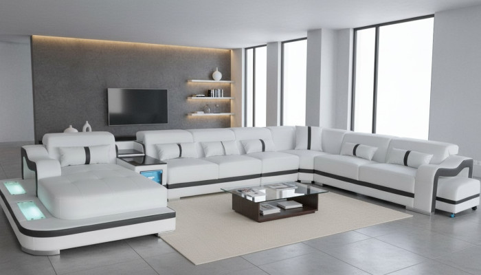 Canapé en cuir Siège rembourré Paysage vivant Design Moderne Canapé d'angle Suite avec USB
