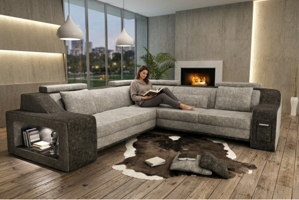 Canapé d'angle en cuir et tissu avec port USB, revêtement de salon, salon en L, siège de suite Isching