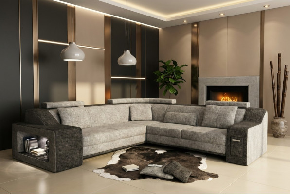 Canapé d'angle en cuir et tissu avec port USB, revêtement de salon, salon en L, siège de suite Isching