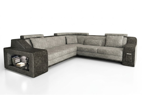Canapé d'angle en cuir et tissu avec port USB, revêtement de salon, salon en L, siège de suite Isching