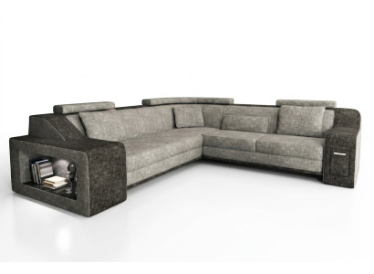 Canapé d'angle en cuir et tissu avec port USB, revêtement de salon, salon en L, siège de suite Isching
