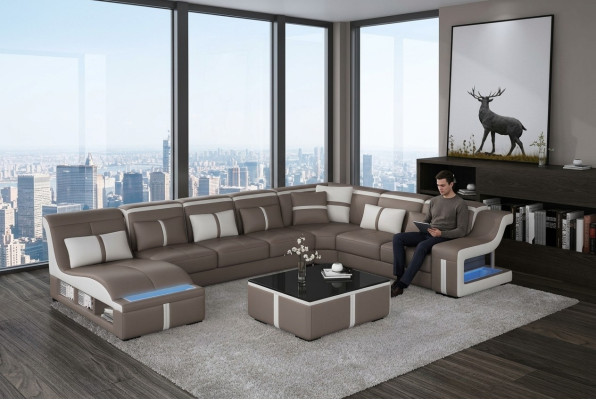 Canapé de luxe Canapé d'angle Design Paysage de vie Sofas Canapé Coin suite + Lumière + USB
