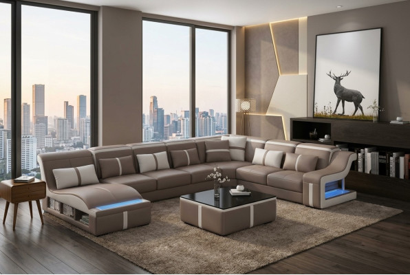 Canapé de luxe Canapé d'angle Design Paysage de vie Sofas Canapé Coin suite + Lumière + USB