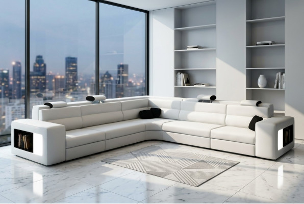 Canapé en cuir Canapé avec USB, Canapé d'angle Revêtement de siège Paysage de vie XXL Grand Weiden Blanc