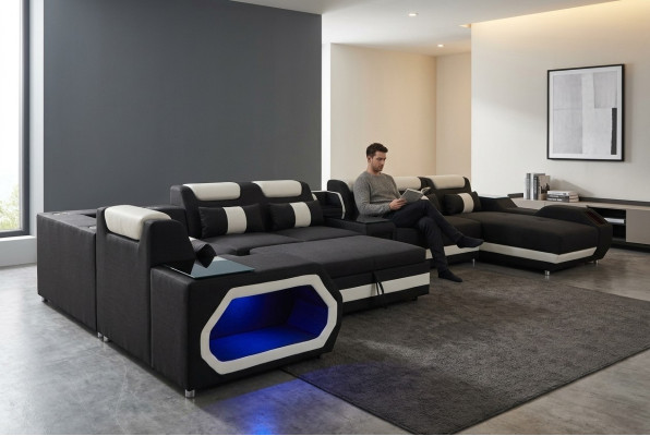 Conception XXL canapé d'angle moderne en cuir, lit paysager du salon avec port USB et LED.