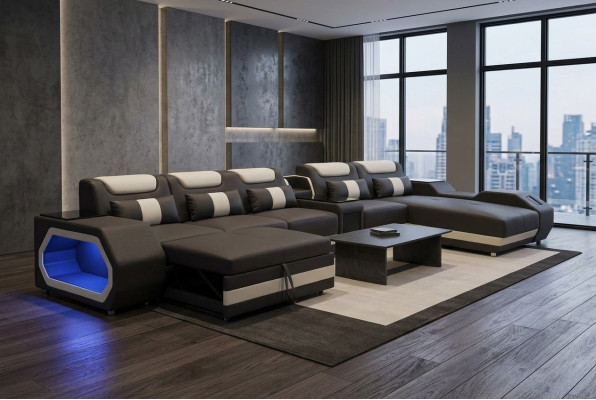 Conception XXL canapé d'angle moderne en cuir, lit paysager du salon avec port USB et LED.