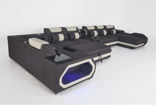 Conception XXL canapé d'angle moderne en cuir, lit paysager du salon avec port USB et LED.