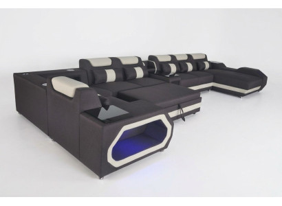 Conception XXL canapé d'angle moderne en cuir, lit paysager du salon avec port USB et LED.