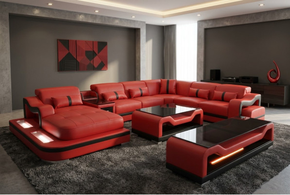 Canapé en cuir Canapé d'angle Ensemble d'angle Paysage de vie + Meuble TV + Table basse + USB