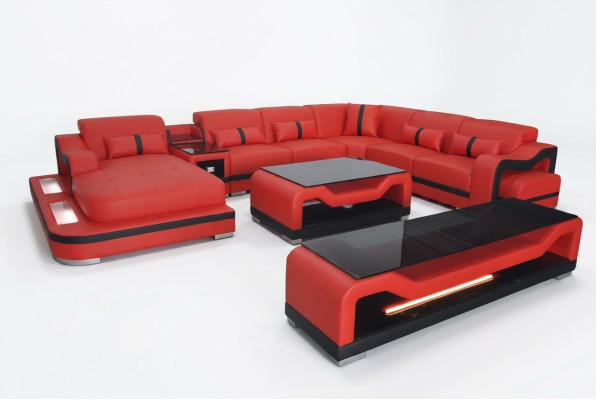Canapé en cuir Canapé d'angle Ensemble d'angle Paysage de vie + Meuble TV + Table basse + USB