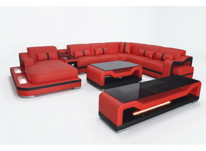 Canapé en cuir Canapé d'angle Ensemble d'angle Paysage de vie + Meuble TV + Table basse + USB