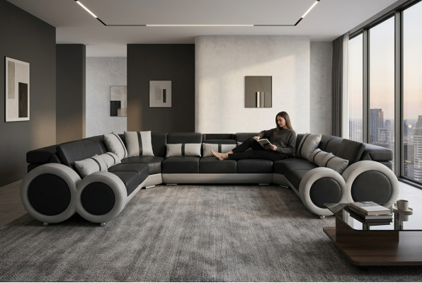 Conception Salon Paysage en cuir Canapé Canapé Rembourrage Coin suite Siège Moderne Coin USB