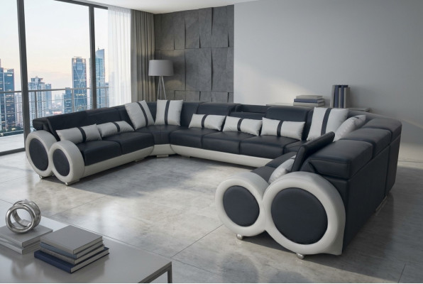 Conception Salon Paysage en cuir Canapé Canapé Rembourrage Coin suite Siège Moderne Coin USB