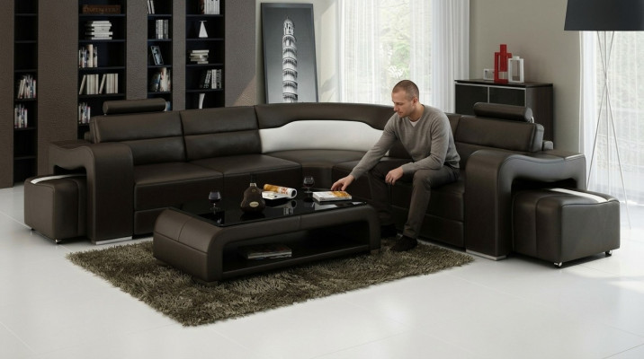 Canapé en cuir avec USB, salon en coin paysage canapé d'angle Eck Suite Design Canapé moderne F3008B