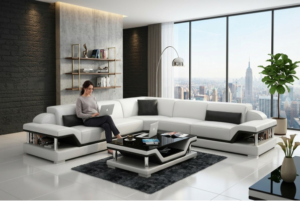 Canapé en cuir avec USB Salon paysage Canapé d'angle Suite d'angle Design Moderne Canapé G8004B