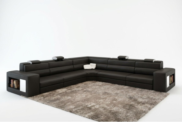 Canapé en cuir Canapé avec USB Canapé d'angle Siège rembourré Paysage vivant XXL Grand Weiden Noir