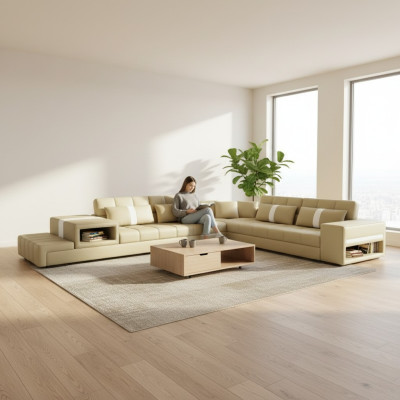 Canapé d'angle Canapé USB en tissu Paysage de vie Mobilier en cuir design Canapé en L beige de forme en L