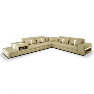 Canapé d'angle Canapé USB en tissu Paysage de vie Mobilier en cuir design Canapé en L beige de forme en L