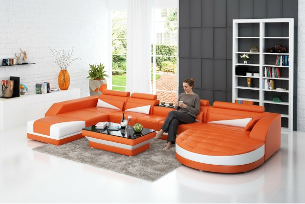 Canapé en cuir Canapé d'angle Salon Paysage vivant Suite Canapé Design Moderne USB Orange