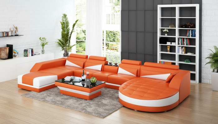 Canapé en cuir Canapé d'angle Salon Paysage vivant Suite Canapé Design Moderne USB Orange