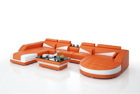 Canapé en cuir Canapé d'angle Salon Paysage vivant Suite Canapé Design Moderne USB Orange