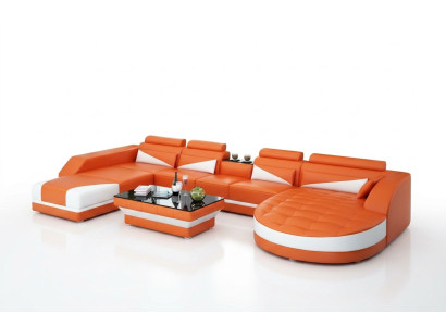 Canapé en cuir Canapé d'angle Salon Paysage vivant Suite Canapé Design Moderne USB Orange
