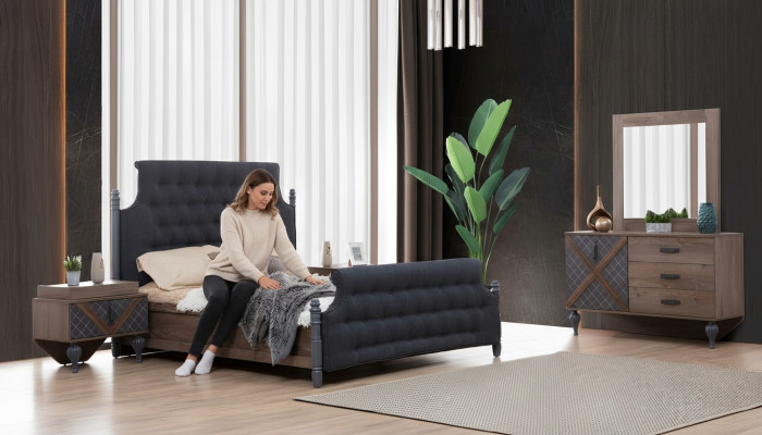 Lit Table de chevet Commode avec miroir Chambre à coucher 4 pièces Ensemble Chesterfield