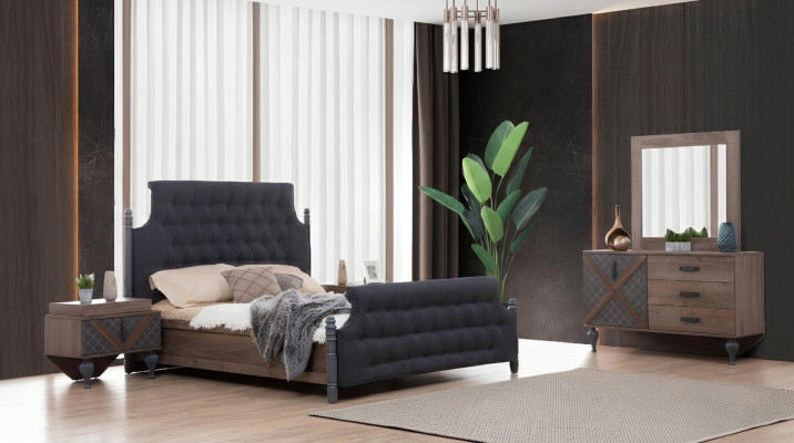 Lit Table de chevet Commode avec miroir Chambre à coucher 4 pièces Ensemble Chesterfield