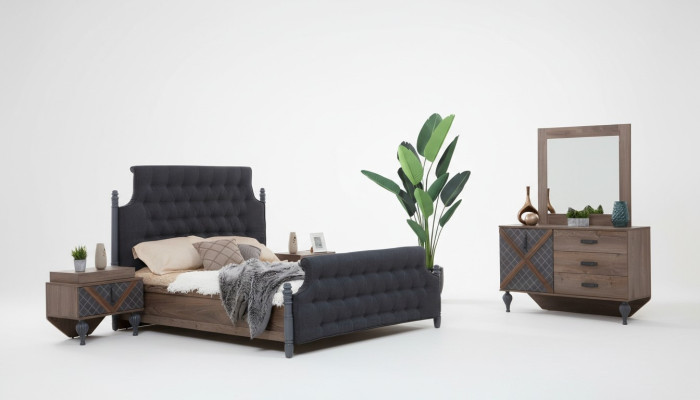 Lit Table de chevet Commode avec miroir Chambre à coucher 4 pièces Ensemble Chesterfield