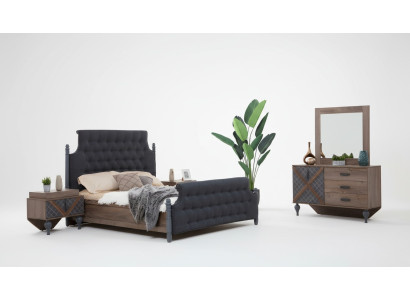 Lit Table de chevet Commode avec miroir Chambre à coucher 4 pièces Ensemble Chesterfield