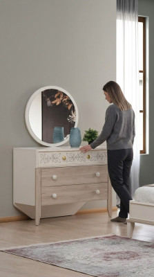 Ensemble de commode avec miroir, coiffeuse, console en bois moderne pour chambre à coucher.
