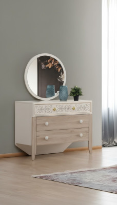 Ensemble de commode avec miroir, coiffeuse, console en bois moderne pour chambre à coucher.