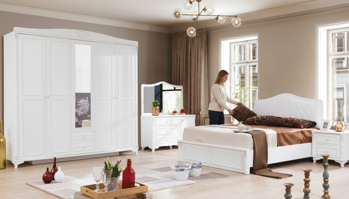 Ensemble chambre de luxe 4 pièces. Lit 2 Tables de chevet Commode Mobilier de chambre neuf