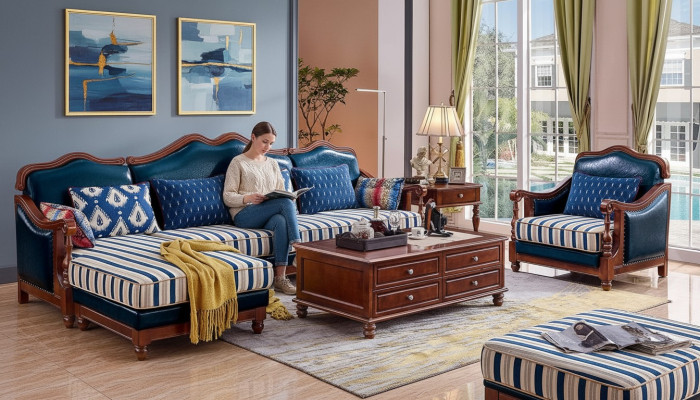 Canapé d'angle bleu avec fauteuil - Canapé colonial style antique avec fauteuil.