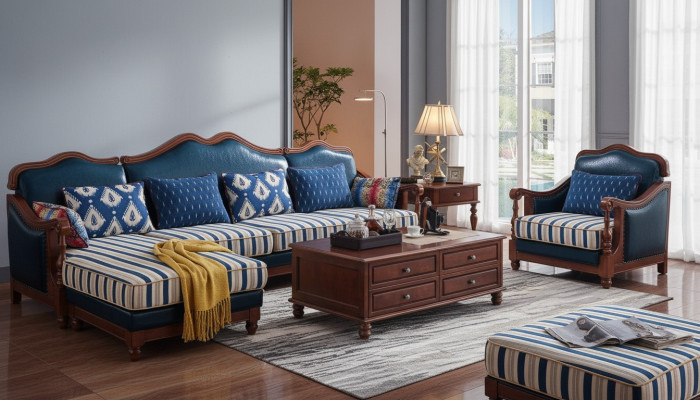 Canapé d'angle bleu avec fauteuil - Canapé colonial style antique avec fauteuil.