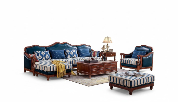 Canapé d'angle bleu avec fauteuil - Canapé colonial style antique avec fauteuil.
