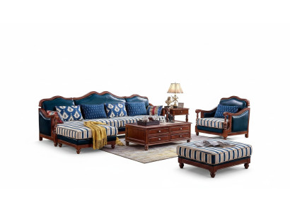 Canapé d'angle bleu avec fauteuil - Canapé colonial style antique avec fauteuil.