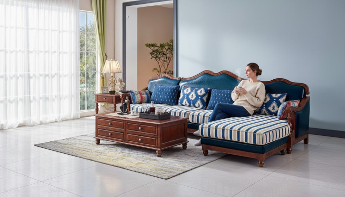 Canapé d'angle en cuir bleu Rembourrage de canapé classique en cuir Chesterfield