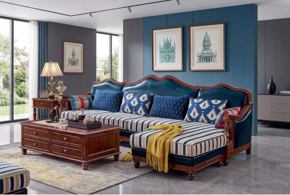 Canapé d'angle en cuir bleu Rembourrage de canapé classique en cuir Chesterfield