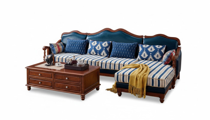 Canapé d'angle en cuir bleu Rembourrage de canapé classique en cuir Chesterfield