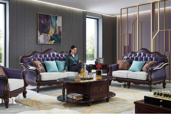 Canapé en cuir Chesterfield Canapé violet Ensemble de canapés classiques Ensemble de canapés
