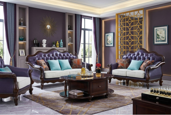 Canapé en cuir Chesterfield Canapé violet Ensemble de canapés classiques Ensemble de canapés