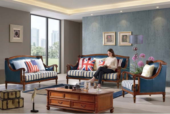 Ensemble de canapés américains en cuir canapé canapé rembourré 3 places en bois mobilier de style Empire.